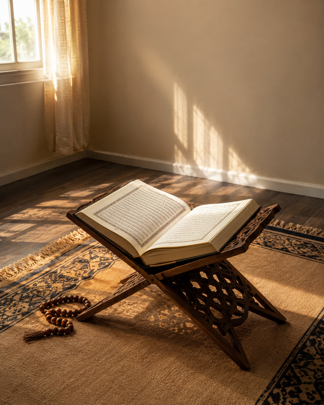 An open Qur'an resting on a carved wooden stand in warm morning light