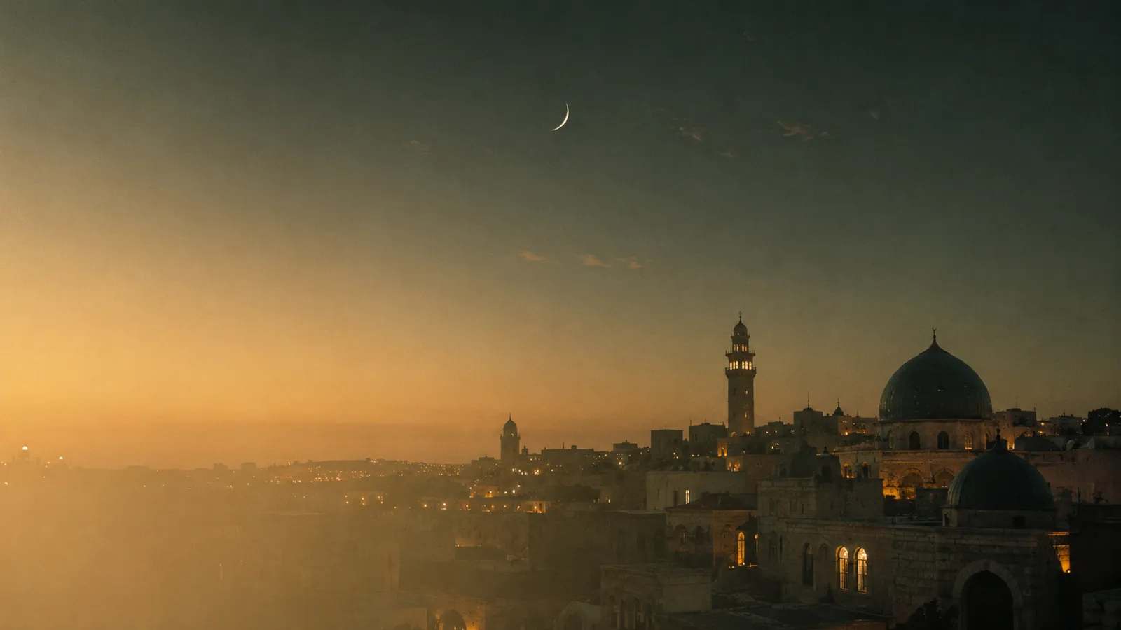 A crescent moon over old city rooftops at twilight