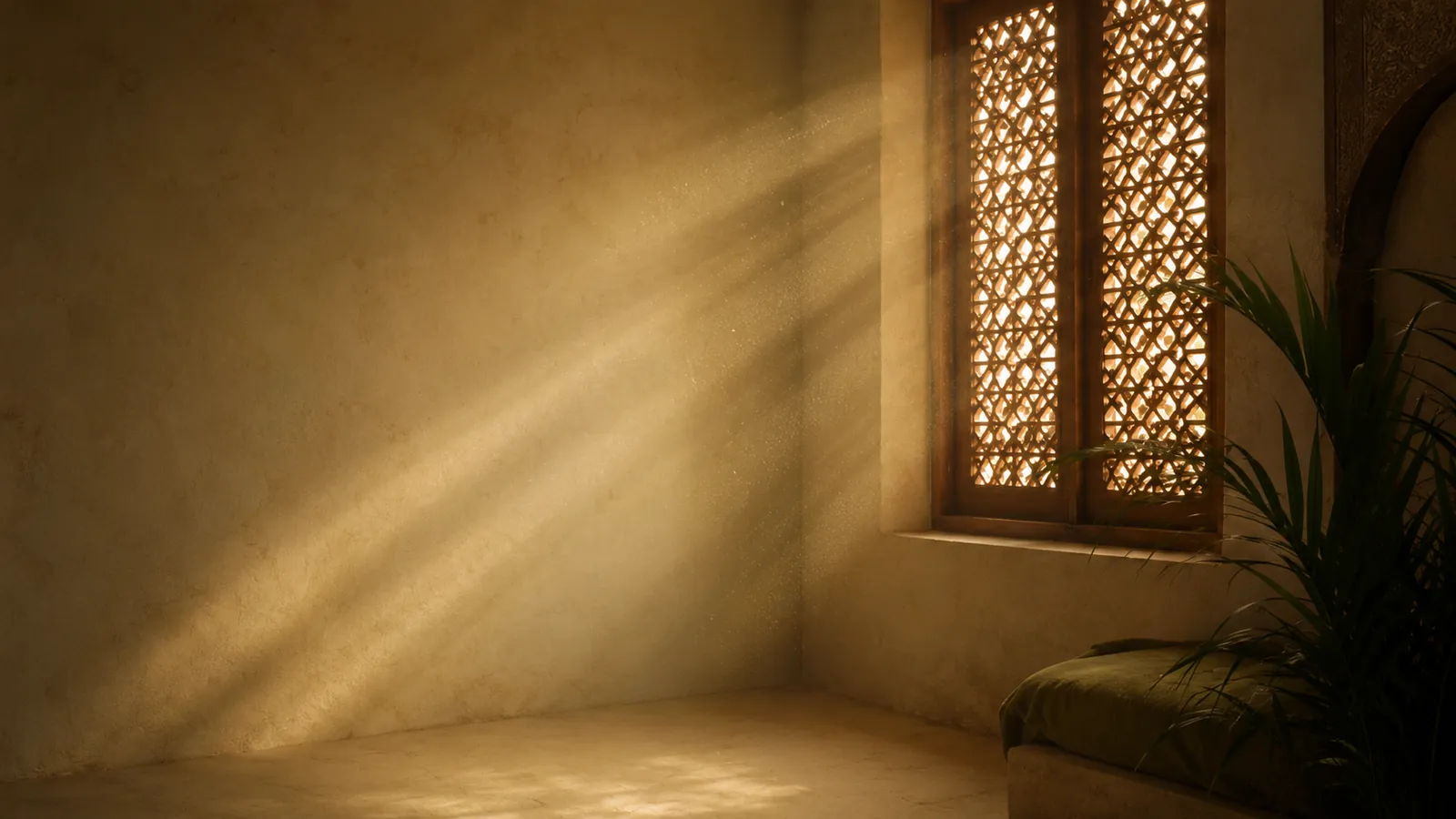 Morning light through a carved lattice window