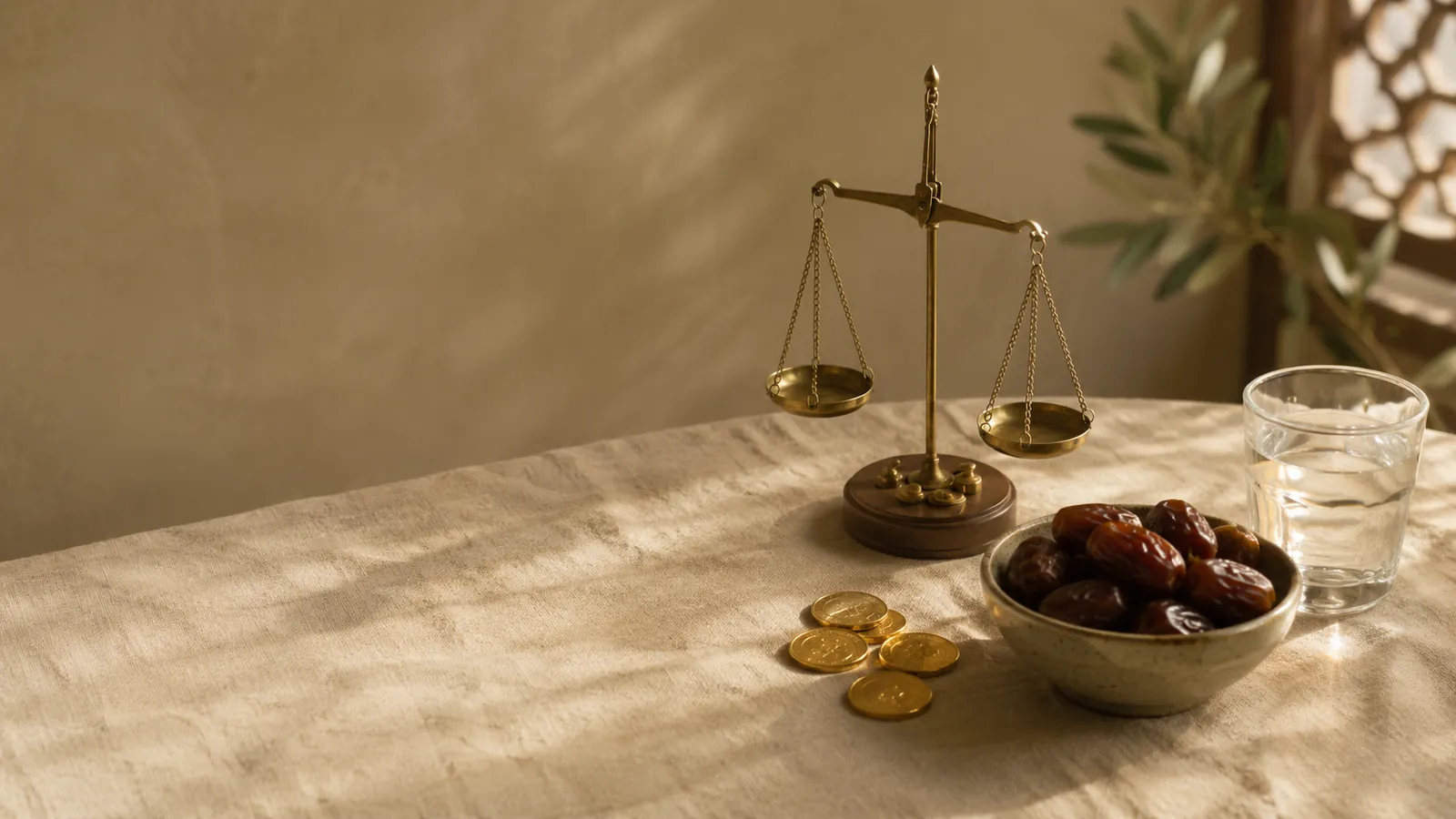 A brass scale, gold coins and dates on linen