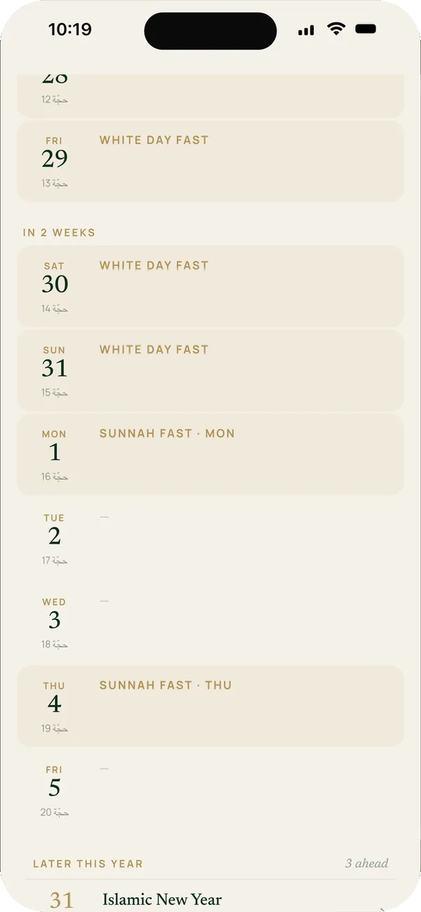 Islamic calendar with white-day fasts, sunnah fasts and upcoming events