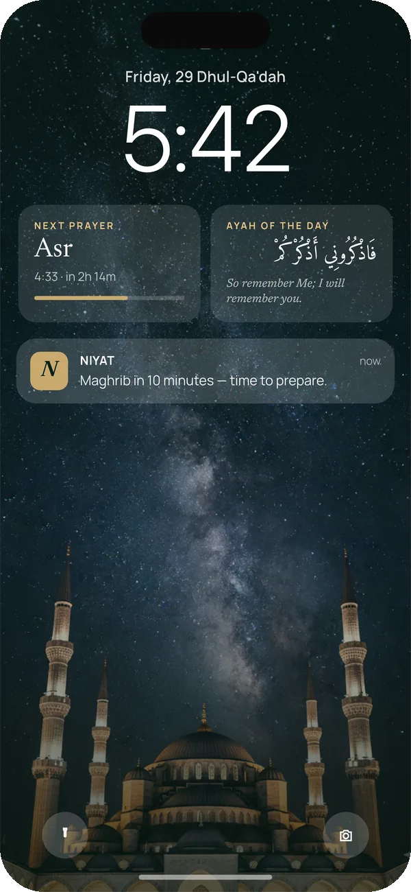 iPhone Lock Screen with Niyat widgets: next prayer, ayah of the day, and a Maghrib reminder