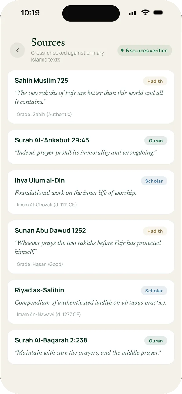 Sources screen listing the hadith, Quran verses and scholars behind an answer