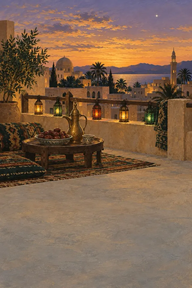 A rooftop at dusk laid for iftar, with lanterns and dates